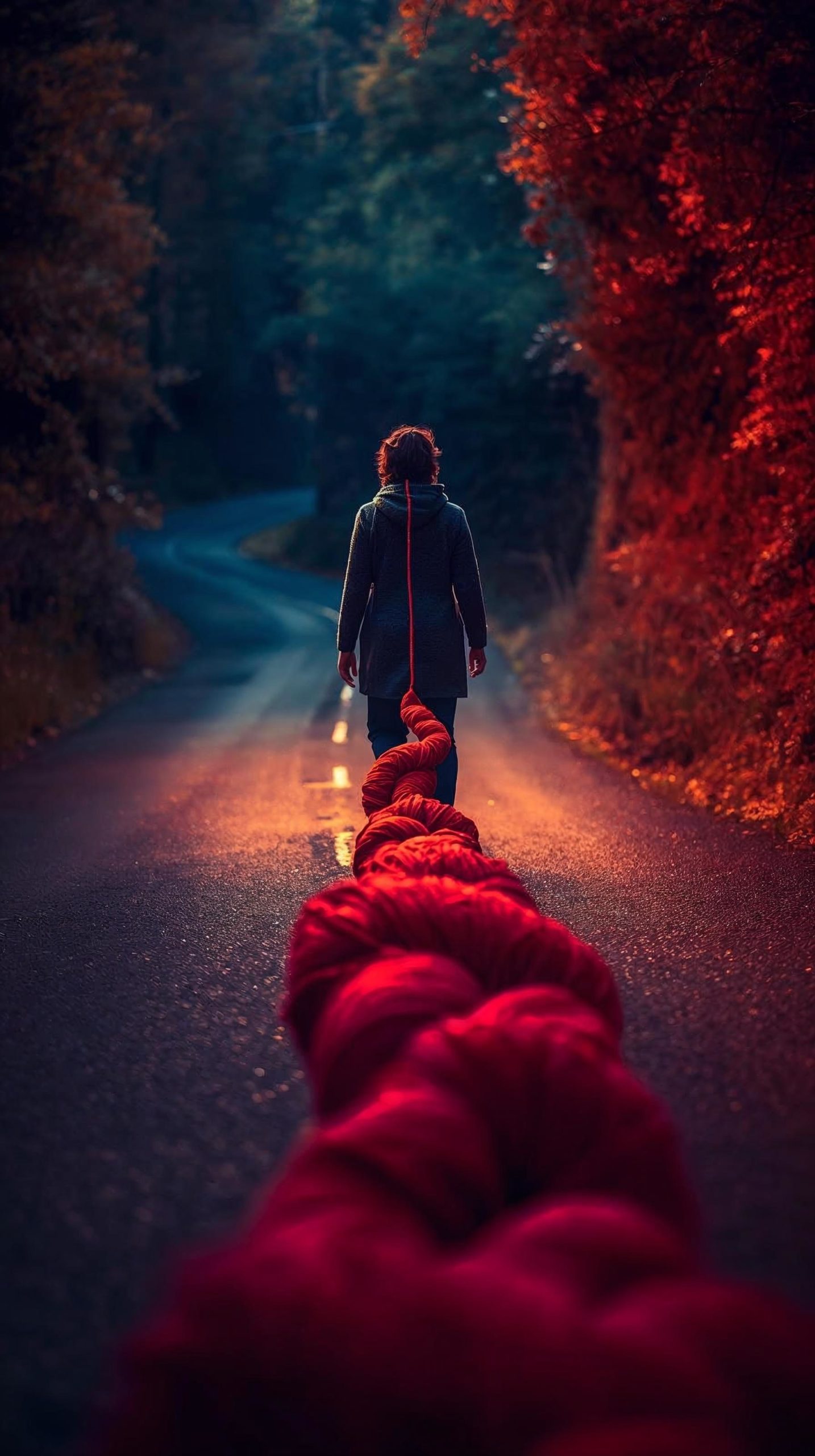 une personne marchant sur une route et qui va dénouer des pelote de laine